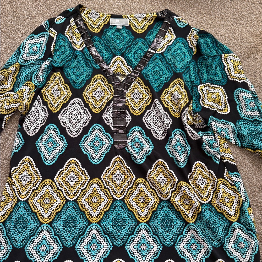 JM Collection Teal and Gold Geometric V-Neck Blouse